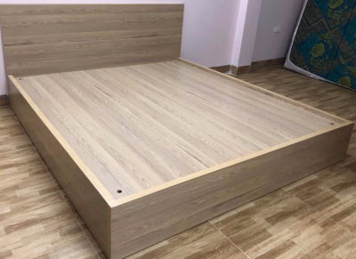 giường ngủ gỗ ép công nghiệp ghi xám vân giả gõ phủ malemine 1m6x2m, 1m8x2m, 2mx2m2