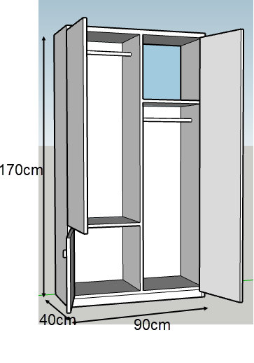 thiết kế 2D Tủ quần áo gỗ ép 1m GMFC27 giá rẻ mầu nâu vân giả gỗ thiết kế 02 buồng, 02 cánh cửa mở bản lề, 02 hộc để quần áo gấp, 02 thanh treo quần áo, 0 ngăn kéo nhỏ