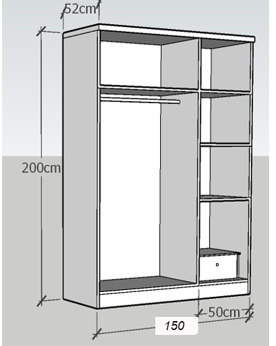 thiết kế Tủ quần áo gỗ ép 1m5 GMDF11 gỗ ép MDF kích thước 1500x2000x520mm thiết kế hai buồng ba cánh mở bản lề cùng 5 hộc để đồ gấp, 1 ngăn kéo