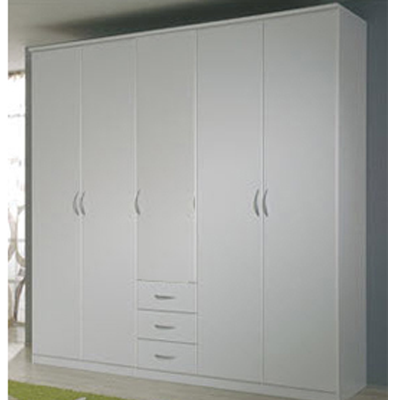 Tủ quần áo gỗ ép 2m GMDF22 mầu trắng thiết kế 03 buồng, 05 cánh khép bản lề, 05 hộc để quần áo gấp, 03 thanh treo quần áo, 03 ngăn kéo nhỏ.