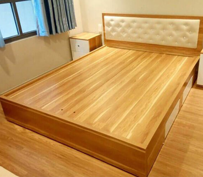 giường ngủ gỗ ép chịu lực mdf vân giả gỗ mầu vàng hai ngăn kéo kích thước 160x200cm 180x200cm, 220x200cm cao cấp