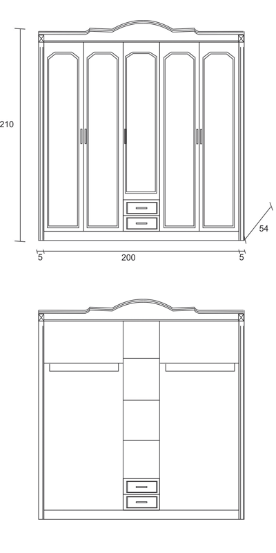 Mẫu Tủ quần áo gỗ công nghiệp 05 cánh cửa khép bản lề, 03 buồng chứa đồ, 02 ngăn kéo, 06 hộc để đồ gấp, 02 thanh treo quần áo