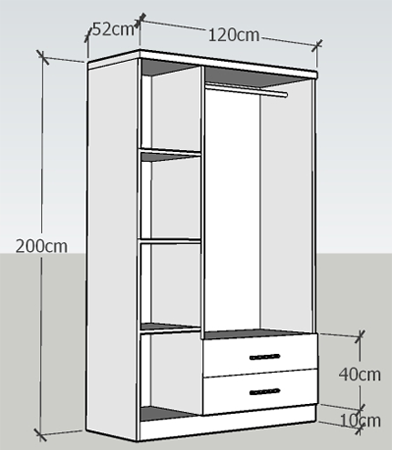 thiết kế chi tiết Tủ quần áo gỗ ép GMDF02 nội thất Sigviet với kích thước 120x200x52cm với tủ gỗ ép công nghiệp thiết kế ngăn kéo nhỏ đẹp bán lử thị trường Hà Nội.