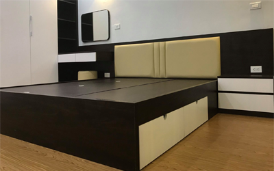 giường ngủ gỗ ép mdf mầu đen hai ngăn kéo kết hợp kệ đầu giường kích thước 1m6x2mx30cm