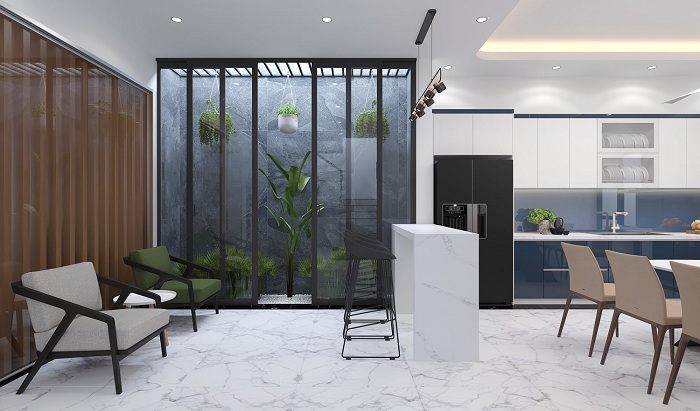 Thiết kế phòng khách căn hộ chung cư căn 2 ngủ ngoại giao đoàn tông mầu nâu kết hợp màu trắng