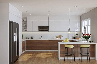 thiết kế tủ bếp gỗ mdf phủ acrylic màu nâu kết hợp trắng