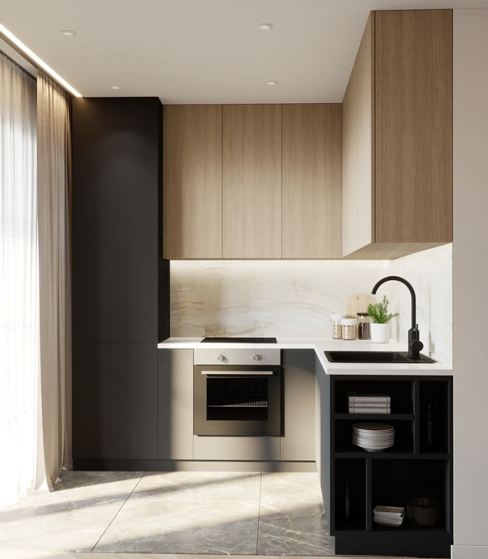 thiết kế tủ bếp gỗ mdf phủ acrylic màu nâu vân gỗ kết hợp trắng