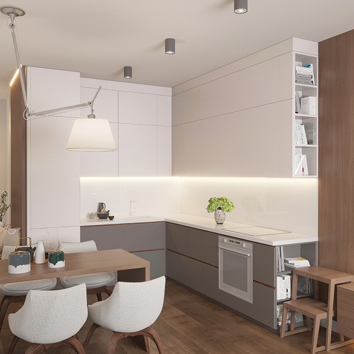 thiết kế tủ bếp gỗ mdf phủ acrylic màu xám kết hợp trắng