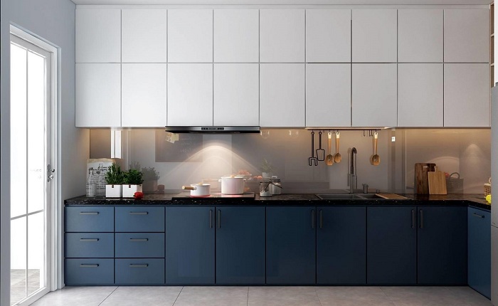 thiết kế tủ bếp gỗ mdf phủ acrylic màu xanh kết hợp trắng