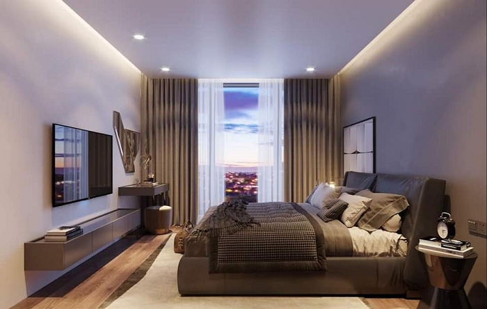 Thiết kế căn ngủ dự án chung cư eco home tông mầu nâu kết hợp màu trắng cảu nội thất