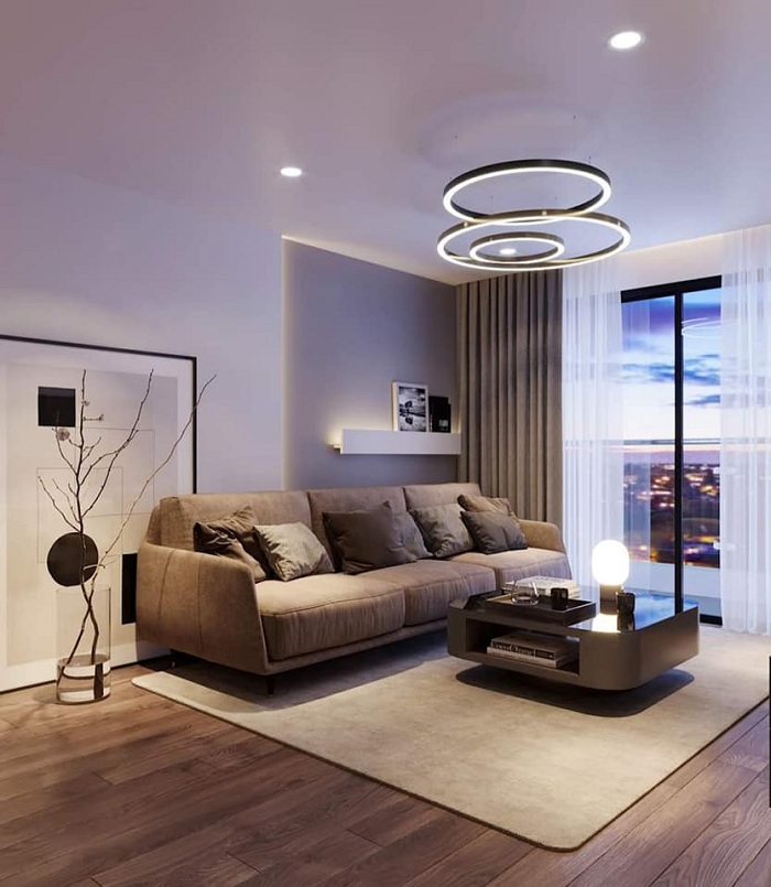 thiết kế 3D nội thất phòng khách chung cư ecohome với ghế sofa