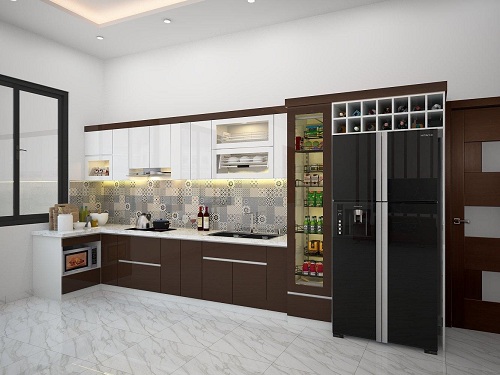 Tủ bếp nhựa Picomat cánh phủ Acrylic nâu vách kính trắng