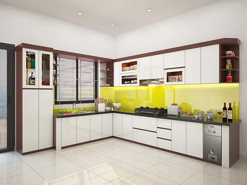Tủ bếp nhựa Picomat cánh phủ Acrylic trắng vách kính vàng
