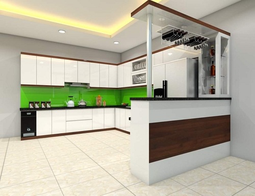 Tủ bếp nhựa Picomat cánh phủ Acrylic nâu vân gỗ kết hợp trắng vách kính trắng