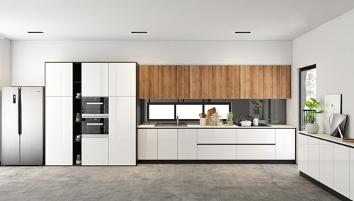 Tủ bếp trên mầu nâu vân gỗ kết hơp mầu trắng cánh acrylic phủ bóng gương