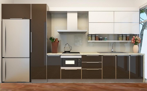 Tủ bếp nhựa picomat phủ acrylic nâu cafe kết hợp mầu trắng