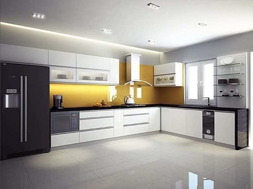 Tủ bếp nhựa picomat mầu trắng kết hợp với kính vàng