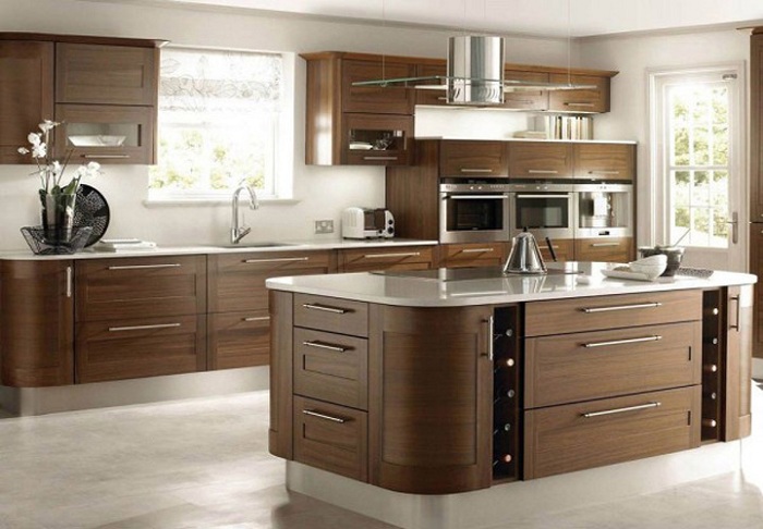 Tủ bếp gỗ công nghiệp mdf có quầy bar mầu nâu cốt xanh chống ẩm MDF