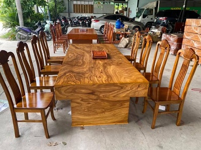 Bàn Ghế Ăn Dạng Đóng Hộp 10 ghế ngồi Gỗ Hương Xám Bàn rộng 95cm, dài 2m4, dày 20cm, cao 75cm 10 Ghế đơn