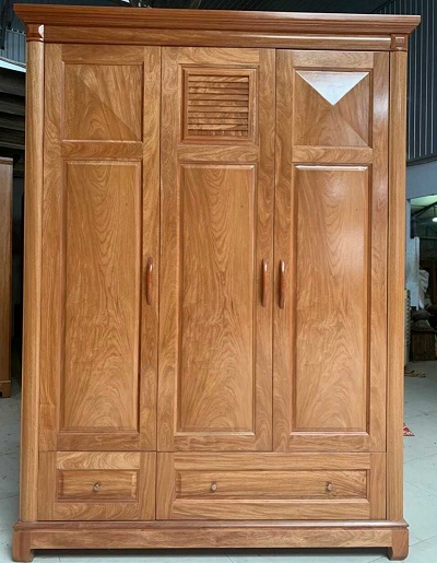 Tủ quần áo gỗ Đinh Hương chớp nón gỗ tự nhiên, thiết kế 2 buồng, 2 ngăn kéo