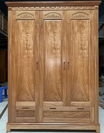 Tủ quần áo 3 cánh gỗ Đinh Hương cánh phẳng hai ngăn kéo