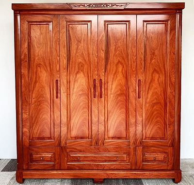 Tủ quần áo gỗ hương đá rộng 1m8 cao 2m1 sâu 0.60m thiết kế 4 cánh, 3 ngăn kéo ba buồng