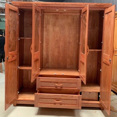 Tủ quần áo gỗ hương đá 4 cánh 3 buồng thiết kế 2mx2m1x0.60m hai ngăn kéo giá rẻ
