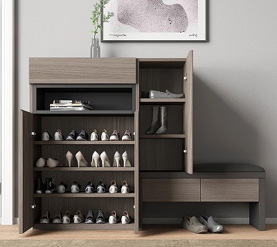 hình ảnh thực tế bên trongtủ giầy kết hợp ghế ngồi màu nâu gỗ mdf phủ melamin Rộng 1m4 cao 1m1 sâu 35cm