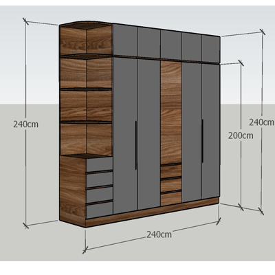 thiết kế chi tiết tủ quần áo gỗ ép công nghiệp rộng 240cm, 1600mm, mầu đen ghi vân vải