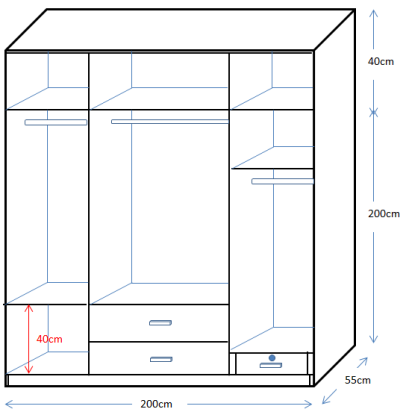 hiết kế bản vẽ tTủ quần áo 4 cánh Rộng 200 x Cao 240 x Sâu 55 (cm)