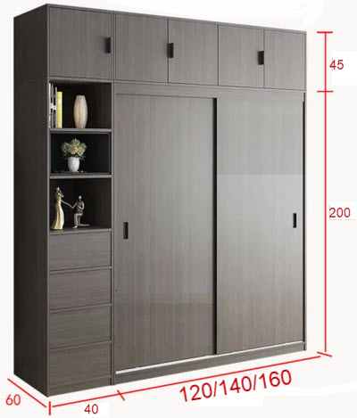 Thiết kế tủ quần áo 2mx2m45x60cm thiết kế 2 cánh cửa lùa kết hợp kệ trang trí