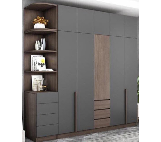 tủ quần áo gỗ ép công nghiệp rộng 240cm mầu đen ghi vân vải