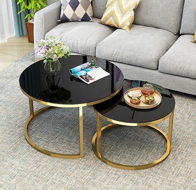 Bàn sofa tròn chân vàng sơn tĩnh điện kính đen giá rẻ