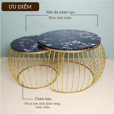 Bàn đôi tròn mặt đá đen trắng vân mây PA49 Mặt đá nhân tạo đen - trắng vân mây Chân bàn phun sơn tĩnh điện