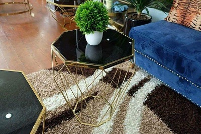 Bàn kính hình kim cương PA44 mặt kính đen hình bát giác hiện đại