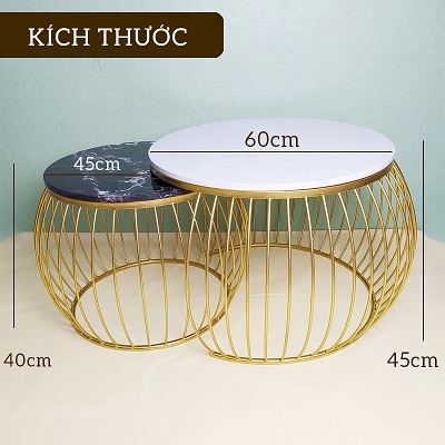 Bàn trà kích thước đường kính 60 x cao45 cm khung sơn tĩnh điện vàng mặt đá đen trắng vân mây kết hợp