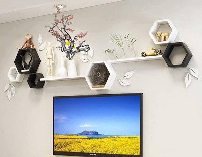 Kệ trang trí phòng ngủ hình lục giác KTV45 1 bộ gồm: 2 bộ lục giác, 2 thanh ngang 50x12