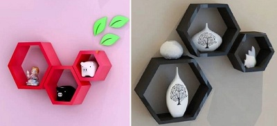 Bộ 3 kệ gỗ gắn tường hình lục giác màu đỏ - đen 25 x 25 x 12 cm