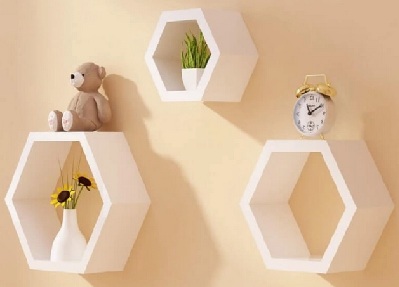 Bộ 3 kệ gỗ gắn tường hình lục giác màu trắng 30 x 30 x 12 cm