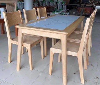 Bộ bàn ăn gỗ sồi mặt đá vân mây đẹp PA63 tùy từng kích thước được bố trí từ 4 – 6 – 8 ghế mang phong cách hiện đại Bàn hình chữ nhật mặt đá bo góc