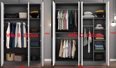 Tủ quần áo 1m2, 1m6 thiết kế màu trắng kết hợp màu xám