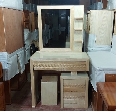 Bàn phấn gỗ verneer sồi 3 ngăn kéo, 1 ghế ngồi