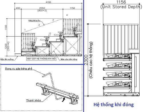 Mặt cắt ghế hội trường kotobuki sea khi mở và thanh dóng mở ghế