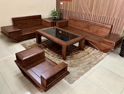 Bàn ghế sofa dáng thuyền sơn màu óc chó