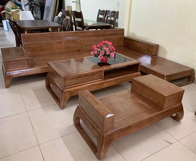 Bàn ghế sofa góc chân quỳ gỗ sồi BGG14 Văng 280 x 190 x Sâu 80cm
