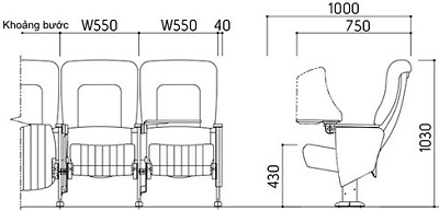 bản vẽ Ghế hội trường kotobuki sea TSA-532537H GHT46 Rộng 55cm vải bọc