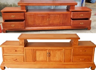Kệ tivi gỗ gõ đỏ 2 tầng dáng trơn kích thước 2400cm