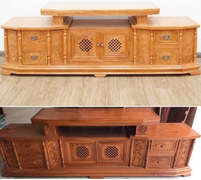 Kệ tivi gỗ gõ đỏ cạnh vát cánh chạm tổ ong KTV135 hai tầng vát cạnh rộng 2m4