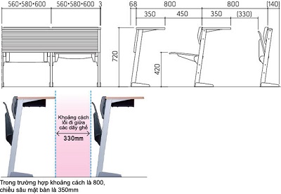 Bản vẽ chi tiết kích thước Ghế bàn trường học cố định kotobuki