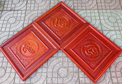 Tranh gỗ hương huyết chữ phúc lộc thọ sơn PU TRG10 Rộng 61 vuông